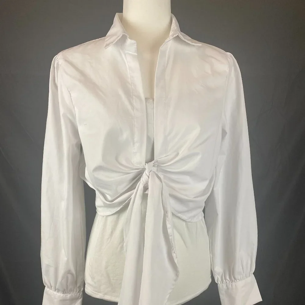 TRUTH NYC Long Sleeve White Tie Front Blouse, Size L. - Picture 2 of 10